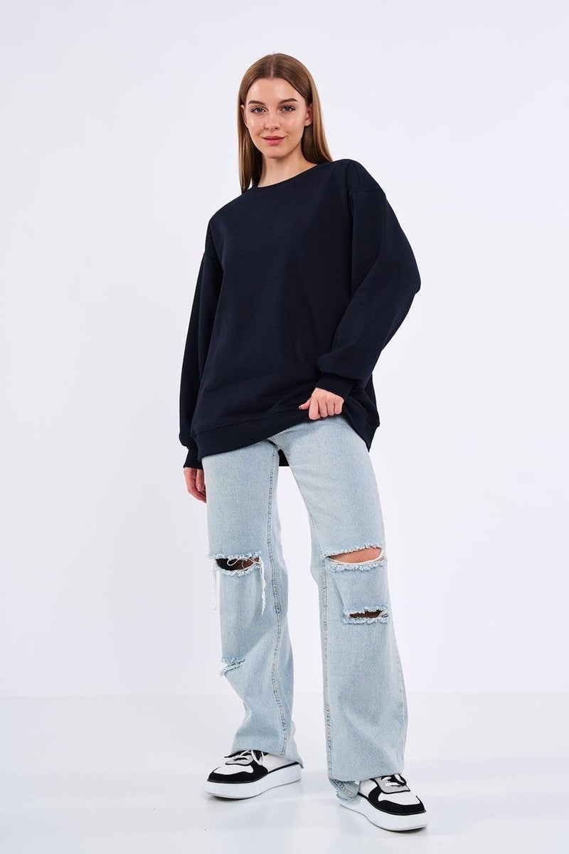 mmetalic Navy Blue Women's Cotton Oversize Basic Crew Neck Sweatshirt - Image 1