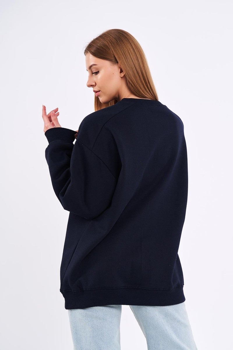 mmetalic Navy Blue Women's Cotton Oversize Basic Crew Neck Sweatshirt - Image 3