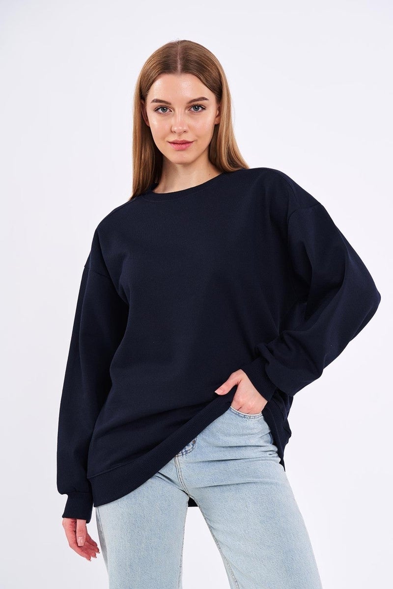 mmetalic Navy Blue Women's Cotton Oversize Basic Crew Neck Sweatshirt - Image 4