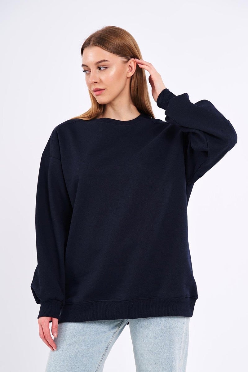 mmetalic Navy Blue Women's Cotton Oversize Basic Crew Neck Sweatshirt - Image 2