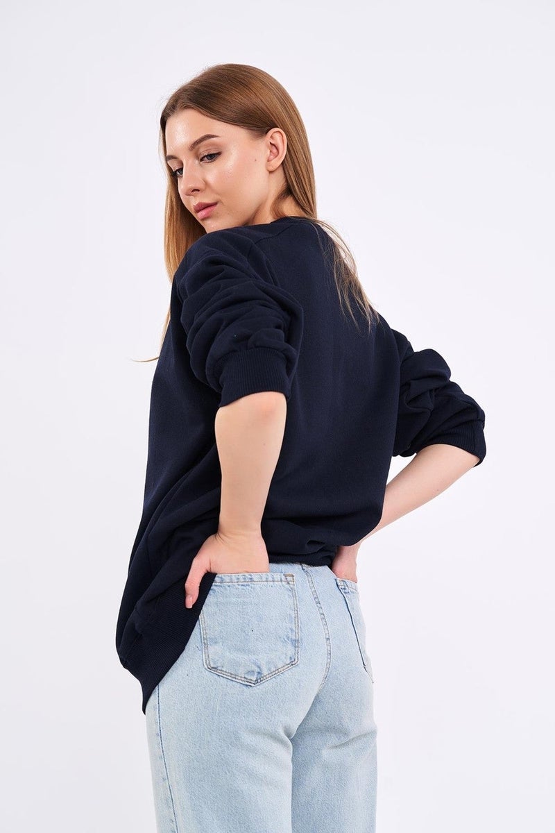 mmetalic Navy Blue Women's Cotton Oversize Basic Crew Neck Sweatshirt - Image 5