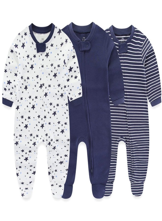 MAMIMAKA Newborn Baby Boy Girls Clothes 2-Way Zip Footed Cotton Bodysuit 3-Pack Long Sleeve Outfits 0-12Months Baby Pajamas - Image 1
