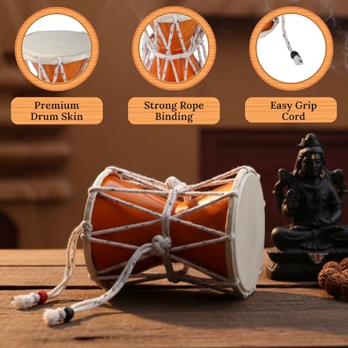 Yoshiva Handmade Lord Shiva Wooden Damru/Handmade Damroo for Folk Bhajan Kirtan Pooja | Indian Musical Instrument Damru | Toy Gift | Lord Krishna Shiva Damaru's for Kirtan (Multicoloured) (9 Inch) - Image 2