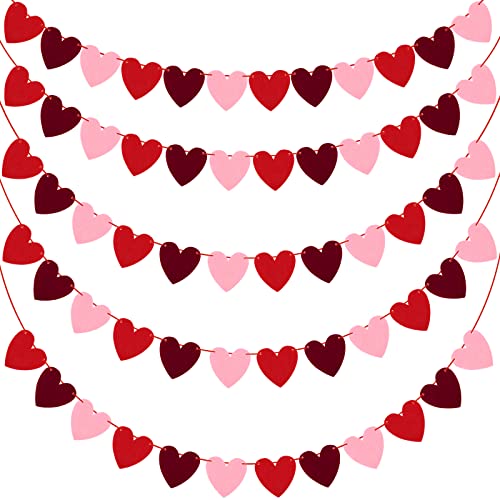 ADXCO 5 Pack Valentines Heart Garland Decorations Felt Heart Banner Hanging Valentines Garland NO DIY for Valentines Decorations Anniversary Mantle Room Decor Red White Pink - Image 1