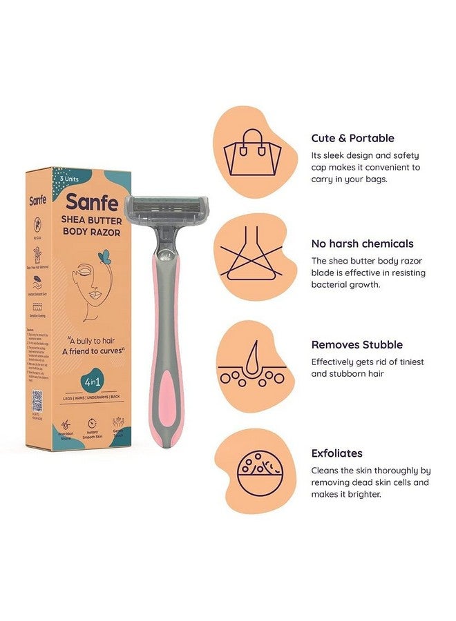 Sanfe Shea Butter Body Razor For Women'S Hair Removal - Pack Of 3 With New No Cut Technology | Comfortable Handle | Instant & Pain Free Remover | Protective Sleeve And Anti-Slip Grip - Image 3