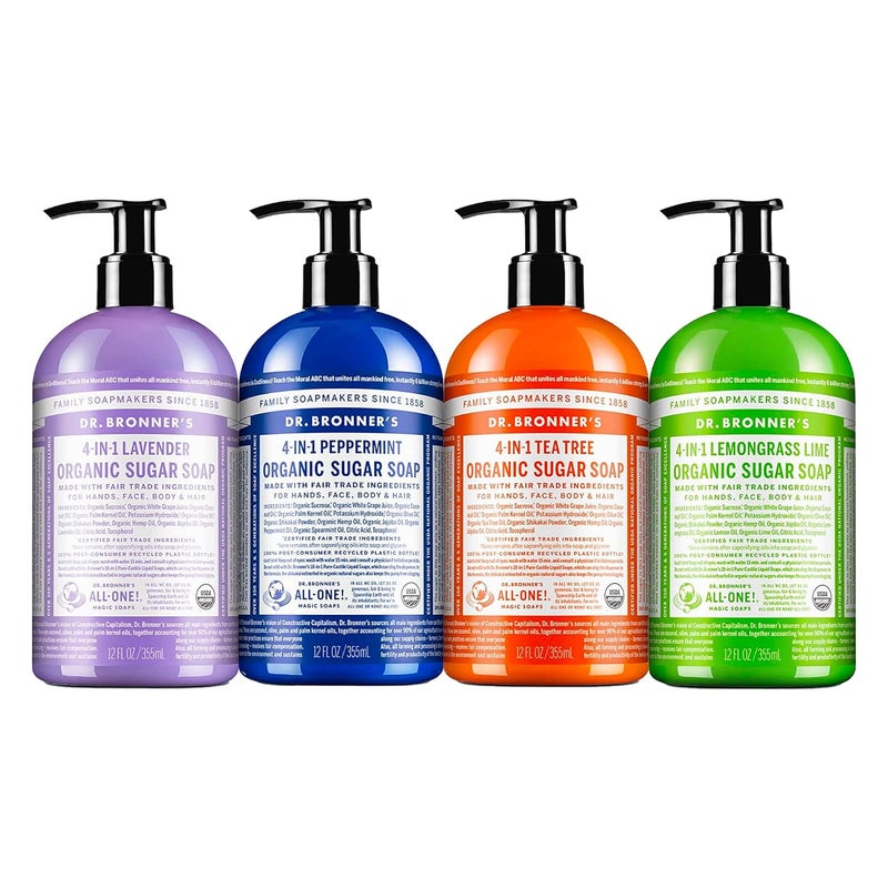 Dr Bronners  Organic Sugar Soap 12 oz Variety Pack Lavender Peppermint Tea Tree  Lemongrass  Made with Organic Oils Sugar  Shikakai Powder 4in1 Use Hands Body Face  Hair  4 Count