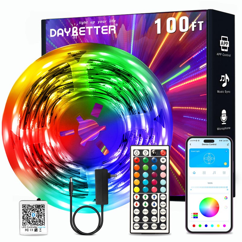 DAYBETTER LED Strip Lights 100ft Smart Lighting with App Remote Control RGB LED Lights for Bedroom Music Sync Color Changing for Room Home Decor Party 1 Roll