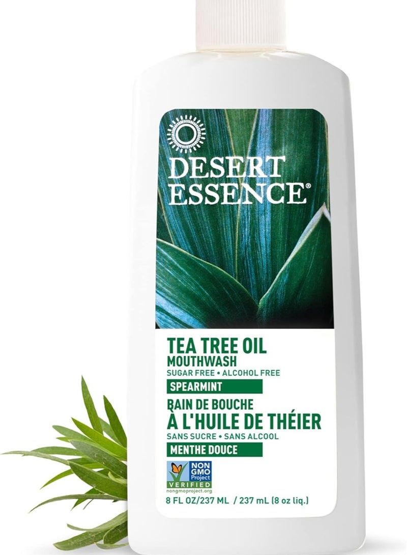 Desert Essence Alcohol-Free Mouthwash with Tea Tree Oil and Aloe, Sugar-Free, Oral Rinse to Provide Botanical Care for Teeth & Gums, Vegan, Non-GMO, SLS-Free, Gluten-Free, Spearmint Flavor, 8oz - Image 1