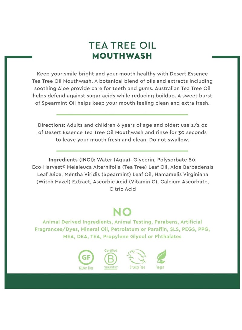 Desert Essence Alcohol-Free Mouthwash with Tea Tree Oil and Aloe, Sugar-Free, Oral Rinse to Provide Botanical Care for Teeth & Gums, Vegan, Non-GMO, SLS-Free, Gluten-Free, Spearmint Flavor, 8oz - Image 3