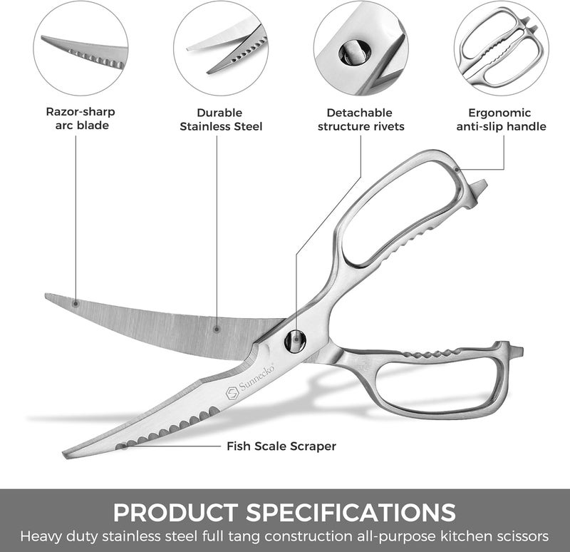 Sunnecko Kitchen Scissors for Food, Heavy Duty Scissors All Purpose Kitchen Shears That Come Apart, 9 Inch Fully Forged Stainless Steel with Curved Blades - Image 2