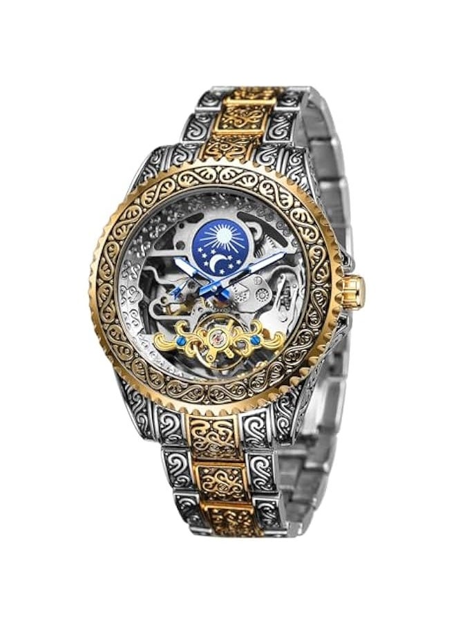 FORSINING - Men's Watch Retro Mechanical Skeleton Watch with Carved Automatic Tourbillon, Moon Phase, Independent Seconds, and Big Dial Design - Self-Wind Automatic Wrist Watches - Image 1