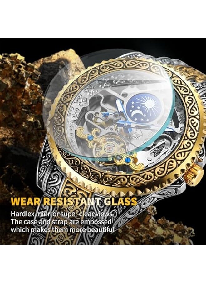 FORSINING - Men's Watch Retro Mechanical Skeleton Watch with Carved Automatic Tourbillon, Moon Phase, Independent Seconds, and Big Dial Design - Self-Wind Automatic Wrist Watches - Image 1