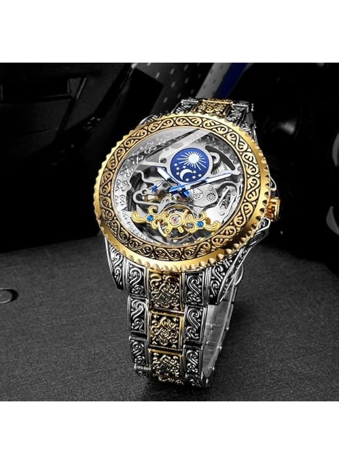 FORSINING - Men's Watch Retro Mechanical Skeleton Watch with Carved Automatic Tourbillon, Moon Phase, Independent Seconds, and Big Dial Design - Self-Wind Automatic Wrist Watches - Image 1