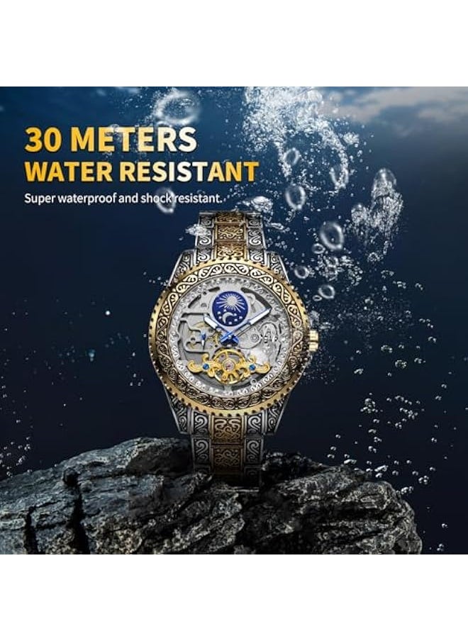 FORSINING - Men's Watch Retro Mechanical Skeleton Watch with Carved Automatic Tourbillon, Moon Phase, Independent Seconds, and Big Dial Design - Self-Wind Automatic Wrist Watches - Image 1