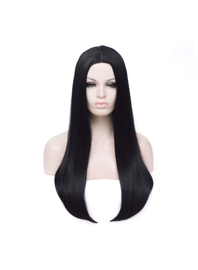 QACCF Long Black Wig 26" Women's Long Straight Middle Part Synthetic Halloween Costume Full Wig (Black) - Image 1