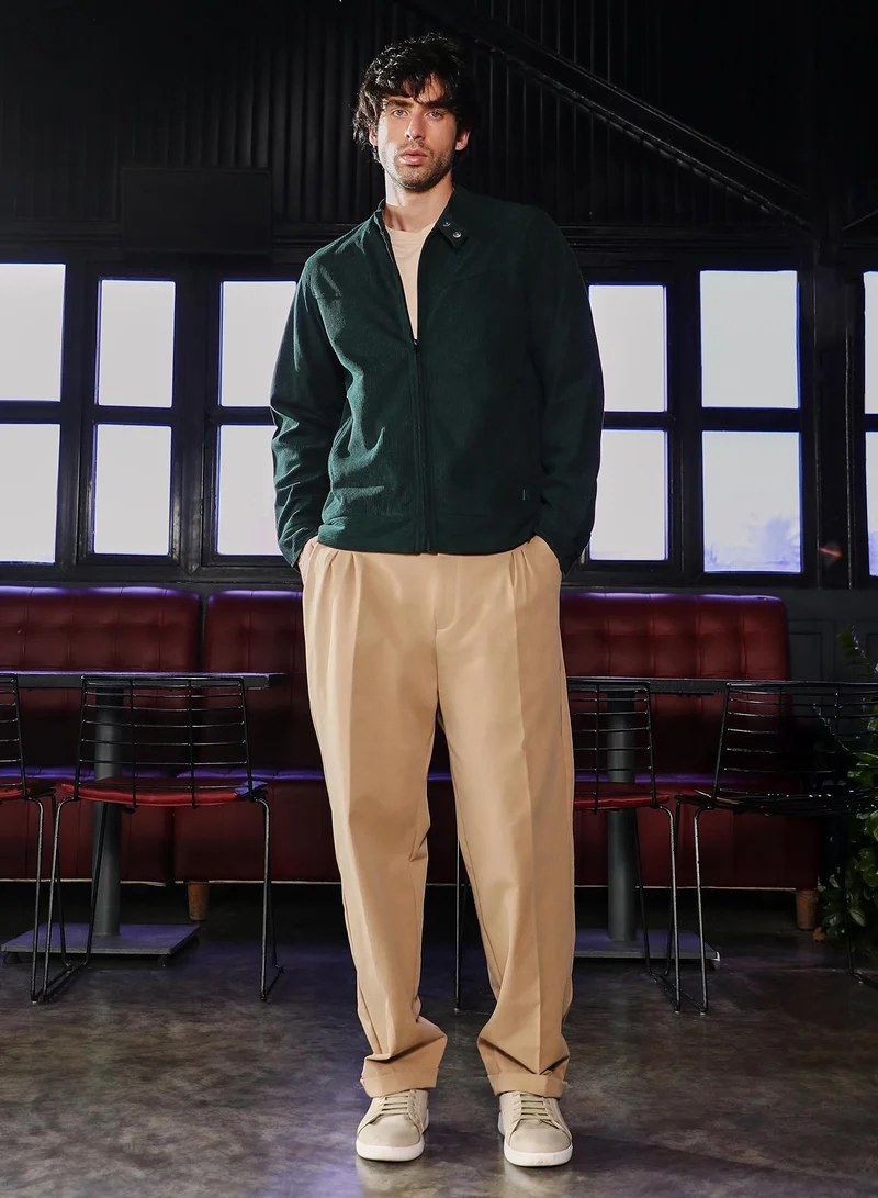 Campus Sutra Men Corduroy Rider Jacket | Band Collar, Long Button Cuff Sleeves | Zipper , Straight Hem | Solid Textured | Woven Fabric For Casual & Daily Wear | Emerald Green