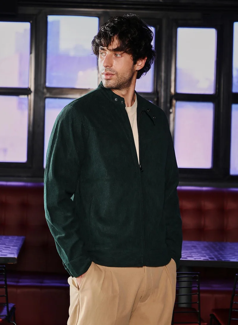 Campus Sutra Men Corduroy Rider Jacket | Band Collar, Long Button Cuff Sleeves | Zipper , Straight Hem | Solid Textured | Woven Fabric For Casual & Daily Wear | Emerald Green