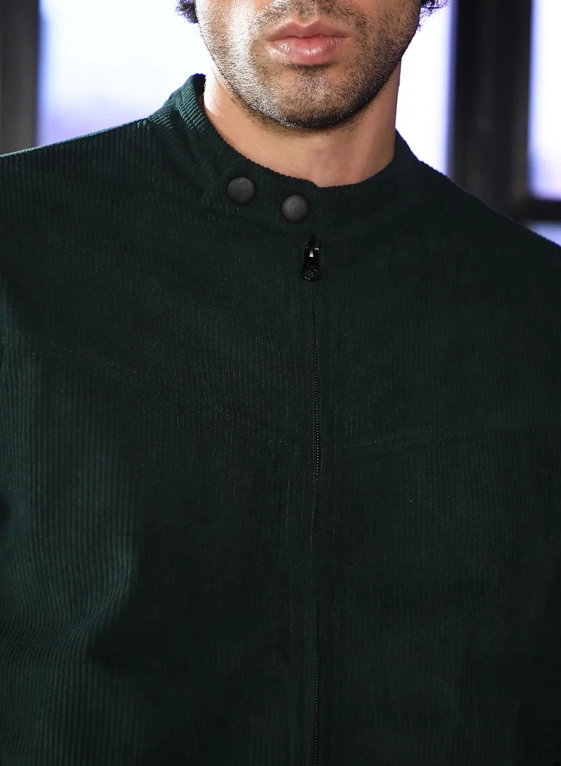 Campus Sutra Men Corduroy Rider Jacket | Band Collar, Long Button Cuff Sleeves | Zipper , Straight Hem | Solid Textured | Woven Fabric For Casual & Daily Wear | Emerald Green