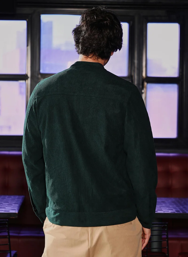 Campus Sutra Men Corduroy Rider Jacket | Band Collar, Long Button Cuff Sleeves | Zipper , Straight Hem | Solid Textured | Woven Fabric For Casual & Daily Wear | Emerald Green