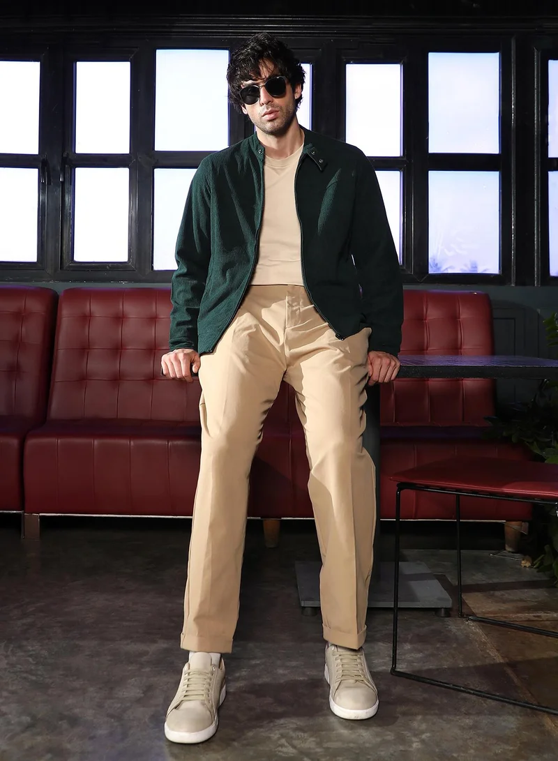 Campus Sutra Men Corduroy Rider Jacket | Band Collar, Long Button Cuff Sleeves | Zipper , Straight Hem | Solid Textured | Woven Fabric For Casual & Daily Wear | Emerald Green