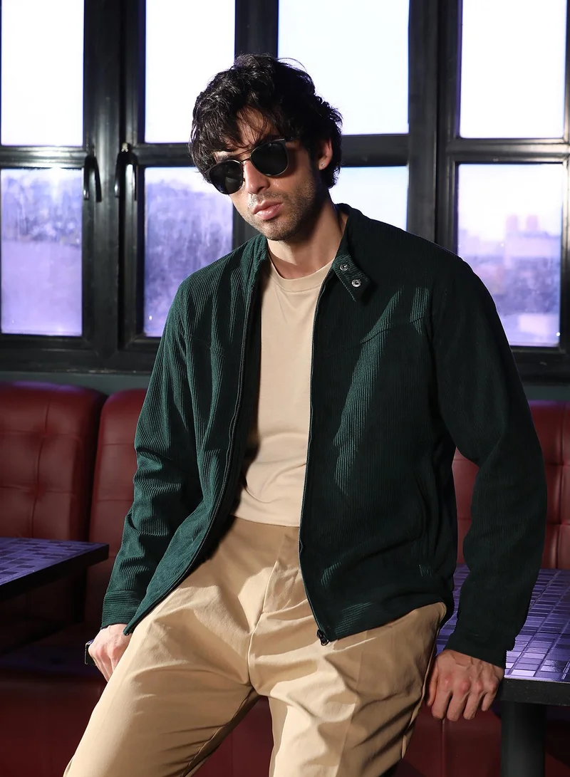 Men Corduroy Rider Jacket | Band Collar, Long Button Cuff Sleeves | Zipper , Straight Hem | Solid Textured | Woven Fabric For Casual & Daily Wear | Emerald Green