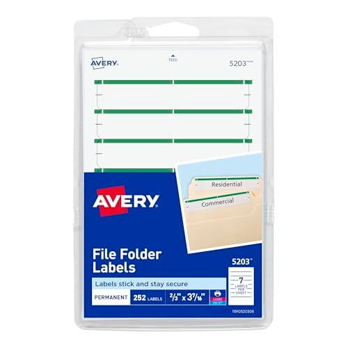 Avery File Folder Labels on 4" x 6" Sheets, Easy Peel, White/Green, Print or Write, 2/3" x 3-7/16", 252 Labels (5203) - Image 1