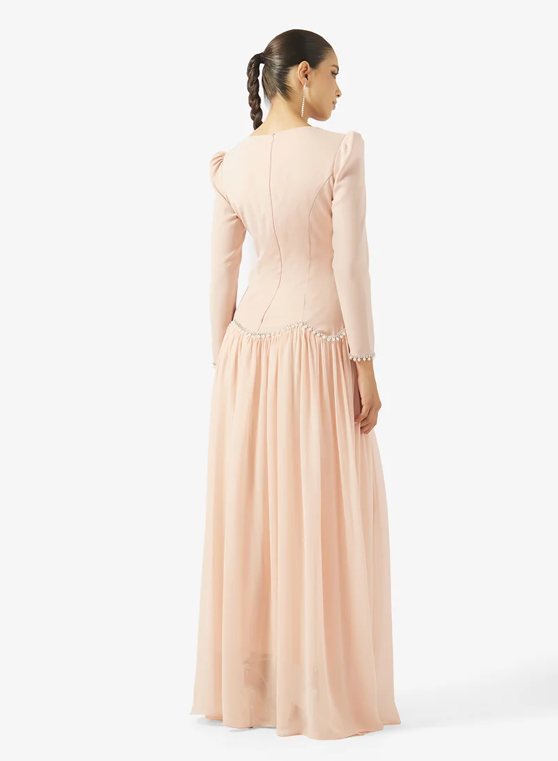 اكاديا فاشن SQUARE NECK PEARL DETAILS CREPE DRESS