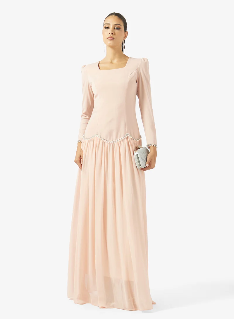 Akadia Fashion  SQUARE NECK PEARL DETAILS CREPE DRESS for Women | Best Price UAE