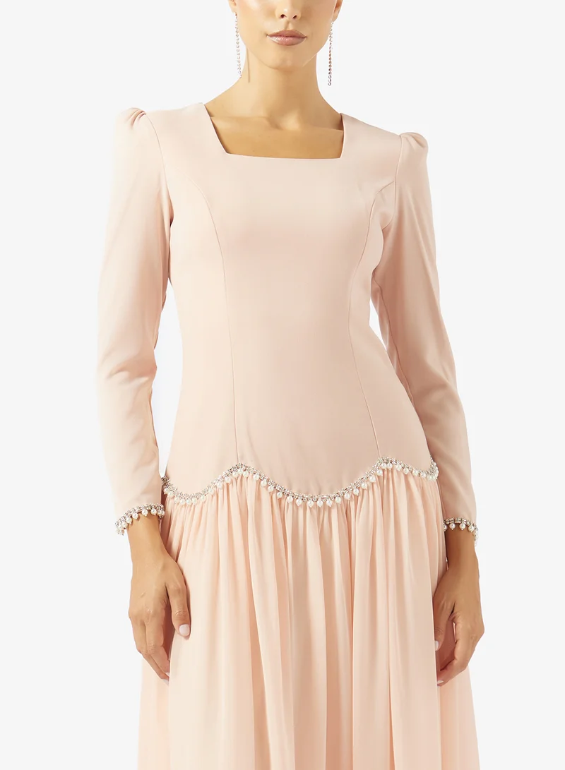 Akadia Fashion  SQUARE NECK PEARL DETAILS CREPE DRESS for Women | Best Price UAE