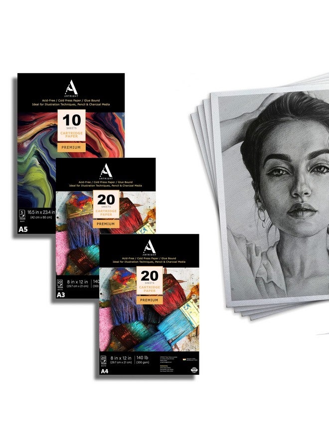 ArtRight ArtRight Drawing & Sketching Paper Combo of A2 (10 Sheets) + A3 (20 Sheets) + A4 (20 Sheets) - Handmade Drawing & Sketching Papers for Pencil, Charcoal, Ink and Mixed Media - Image 1