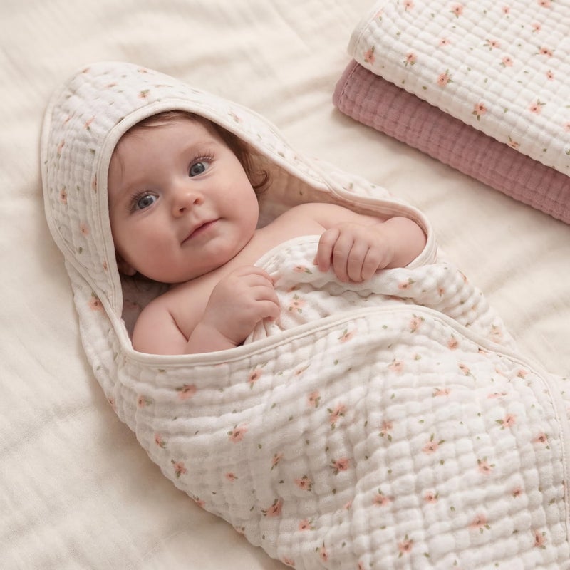 Blissful Diary Muslin Baby Hooded Towel 2 Pack, Soft & Absorbent Bath Towel for Baby Girls, Infant Gift, Newborn Essentials, Pink Floral & Light Pink - Image 1