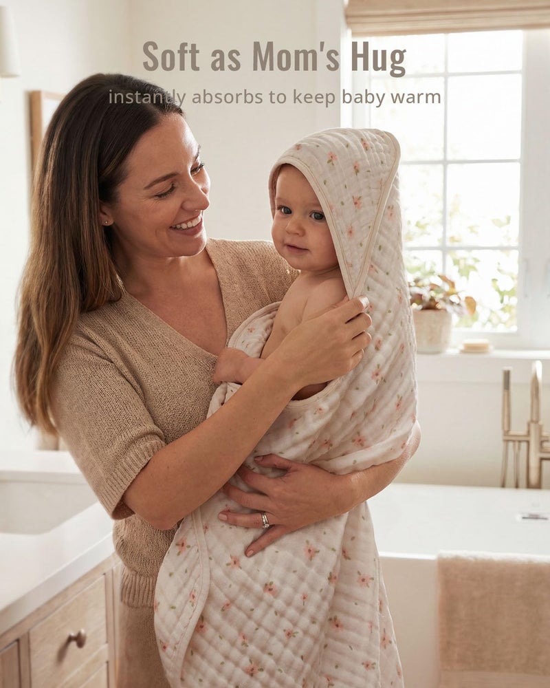 Blissful Diary Muslin Baby Hooded Towel 2 Pack, Soft & Absorbent Bath Towel for Baby Girls, Infant Gift, Newborn Essentials, Pink Floral & Light Pink - Image 4