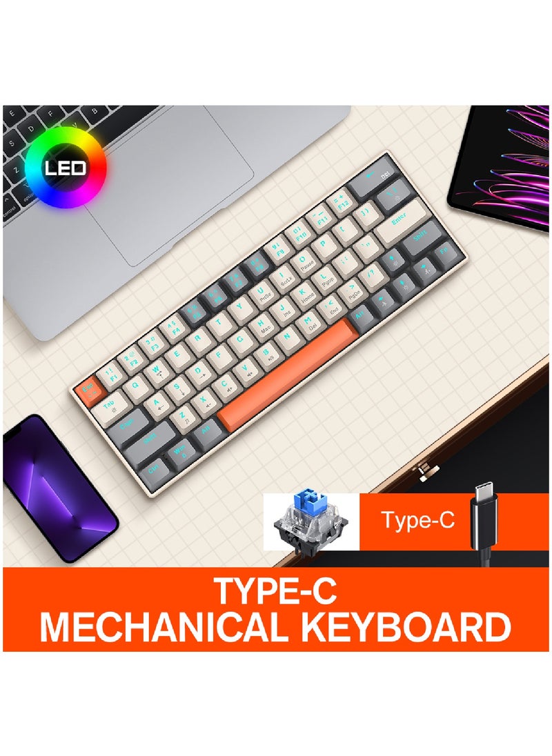 T-WOLF - 63 Keys Wired Mechanical Gaming Keyboard Rgb Backlit Ultra Compact Mini Keyboard Waterproof Mini Compact 63 Keys Keyboard For PC Mac Gamer Typist Travel Easy White Grey - Image 1