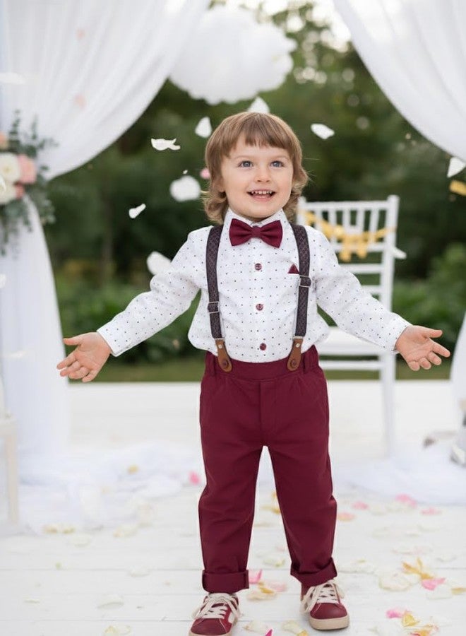 Volunboy Toddler Wedding Outfits Printed Gentleman Formal Wear Long Sleeve Suspenders Bowtie Pants Ring Bearer Dress Suits (Red, 2-3T) - Image 2