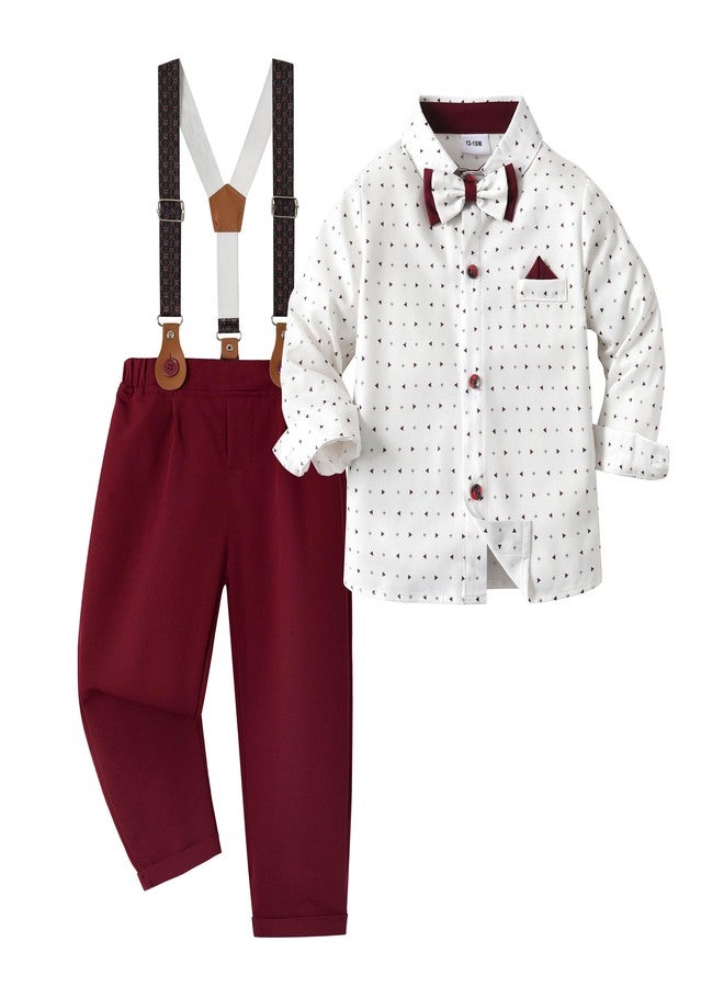 Volunboy Toddler Wedding Outfits Printed Gentleman Formal Wear Long Sleeve Suspenders Bowtie Pants Ring Bearer Dress Suits (Red, 2-3T) - Image 1
