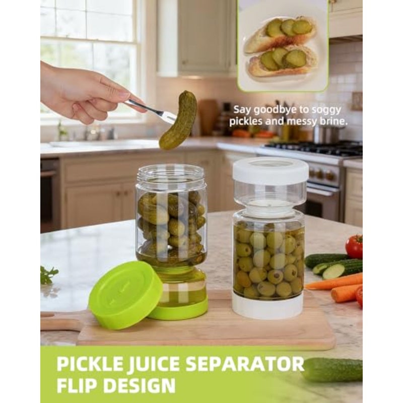 Pickle Jar with Strainer Flip, Pickle Juice Separator Jar Flip Container from Wet and Dry, Upgraded Airtight Seal for Leakproof, 2 Pack Olive Hourglass Jars with Time Tracker Lid, 37ozbaihuo - Image 4