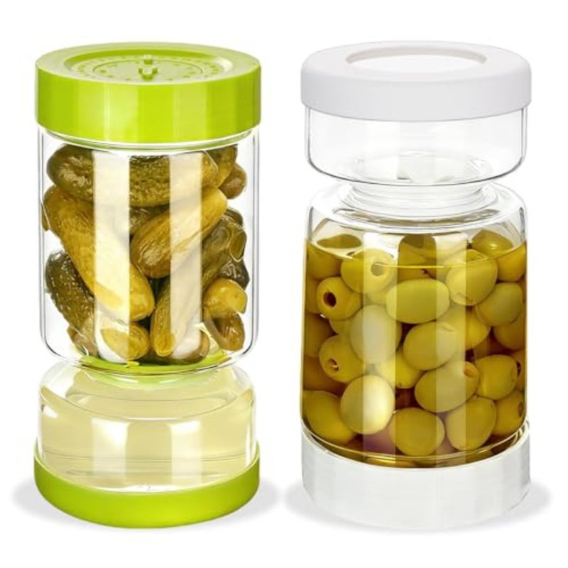 Pickle Jar with Strainer Flip, Pickle Juice Separator Jar Flip Container from Wet and Dry, Upgraded Airtight Seal for Leakproof, 2 Pack Olive Hourglass Jars with Time Tracker Lid, 37ozbaihuo - Image 1