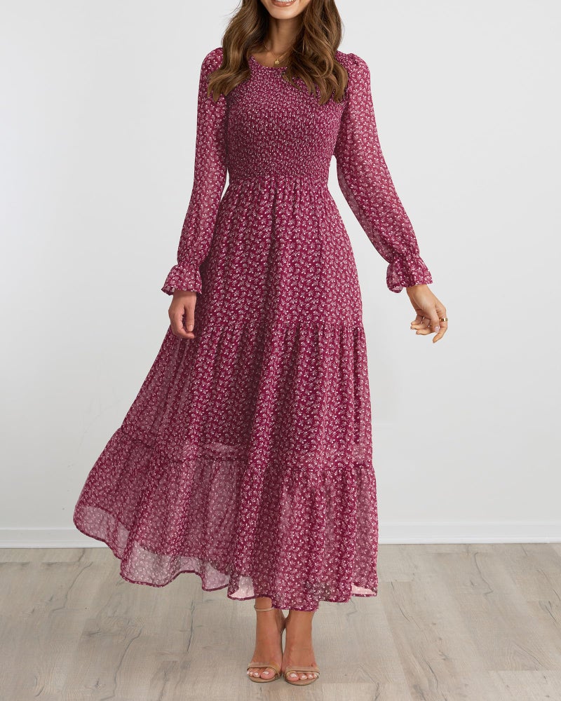 BTFBM Women Casual Long Sleeve Crew Neck Fall Dress Bohemian Relaxed Fit Floral Flowy Maxi Dresses Tiered Cocktail Dress(Floral Red White,Medium) - Image 2
