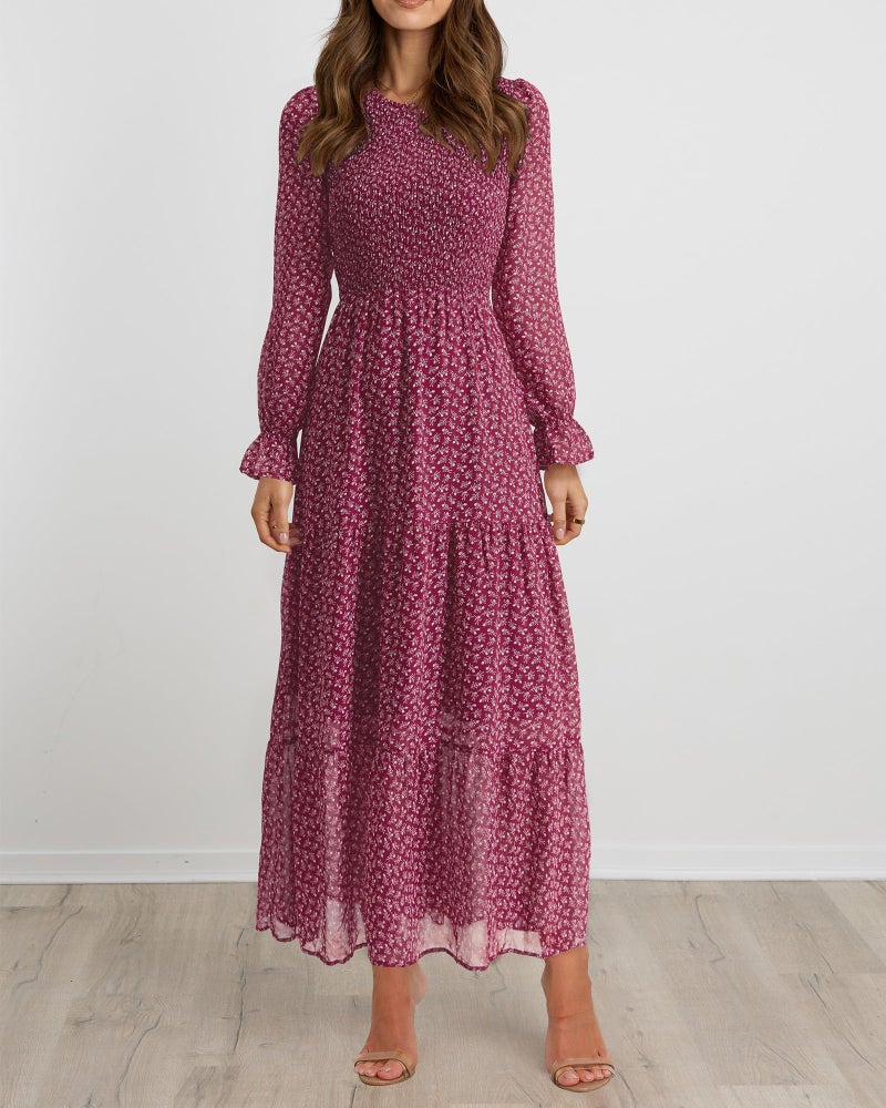 BTFBM Women Casual Long Sleeve Crew Neck Fall Dress Bohemian Relaxed Fit Floral Flowy Maxi Dresses Tiered Cocktail Dress(Floral Red White,Medium) - Image 4