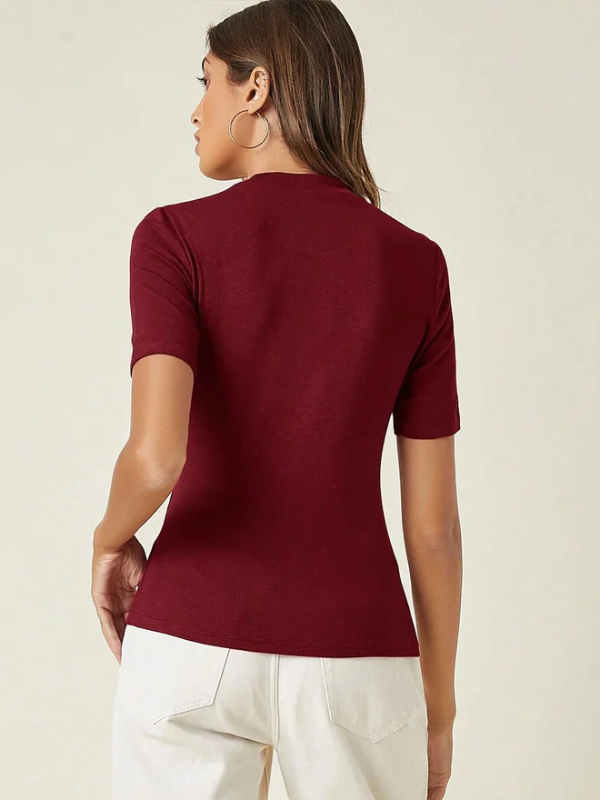 Kotty Kotty Ribbed High Neck Slim Fit T-Shirt
