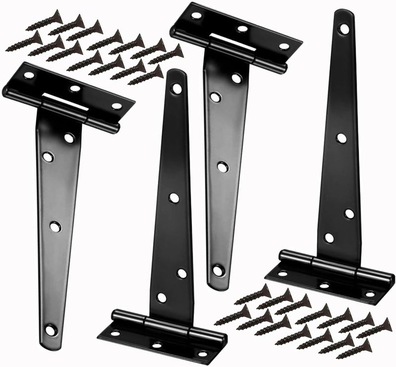 4-piece set of 10 inch T-shaped with door hinges, door with hinges, black T-shaped hinges, forged wooden shed hardware, barn doors, fence doors - Image 1