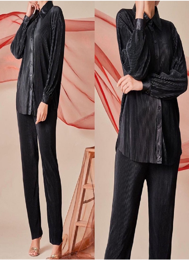 Loquat - Fashion Solid Color Pleated Slacks Set - Image 1
