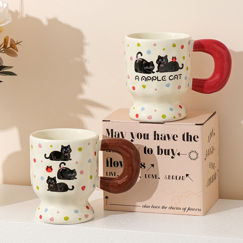 Retro Ceramic Mug Tall Footed Creative Cartoon Couples Breakfast Cup Gift Brown (random pattern)