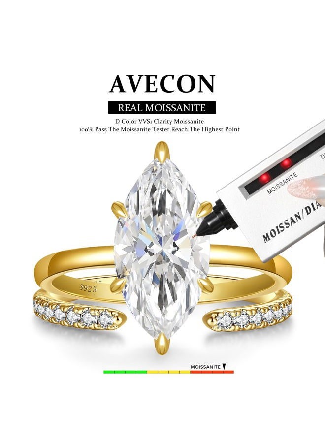 AVECON طقم خاتم خطوبة ماركيز مويسانيت 4CT للنساء، لون D VVS1 من الفضة الإسترلينية S925، خاتم زفاف وعد مطلي بالذهب عيار 14K/ذهب أبيض، هدية زفاف قابلة للتعديل مع شهادة وصندوق، الحجم 5-9 - Image 4