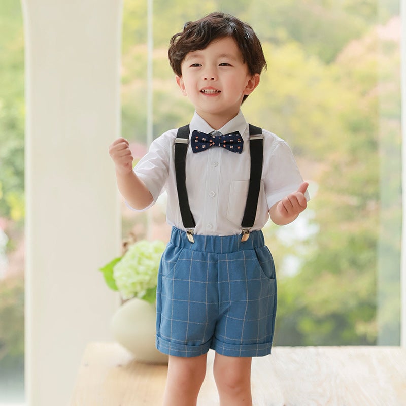 Boys Summer Suit Vest Set Birthday Wedding Pageant Blue lattice strap suit (shirt + shorts + bow tie + strap) 