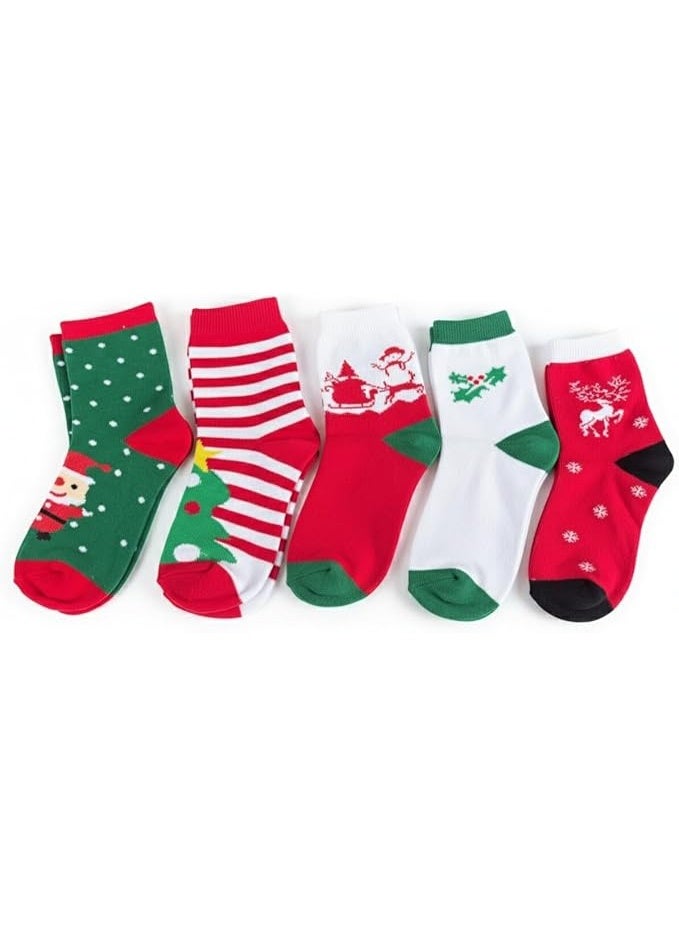 Happy Hugs Christmas Holiday Socks Set, 5 Pairs, Red Green White, Cotton Blend, Santa Sleigh Snowflake Design, Festive Winter Theme - Image 1
