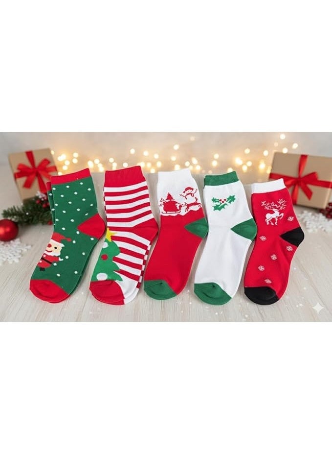 Happy Hugs Christmas Holiday Socks Set, 5 Pairs, Red Green White, Cotton Blend, Santa Sleigh Snowflake Design, Festive Winter Theme - Image 3