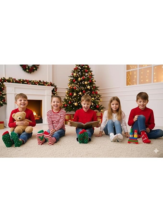 Happy Hugs Christmas Holiday Socks Set, 5 Pairs, Red Green White, Cotton Blend, Santa Sleigh Snowflake Design, Festive Winter Theme - Image 2