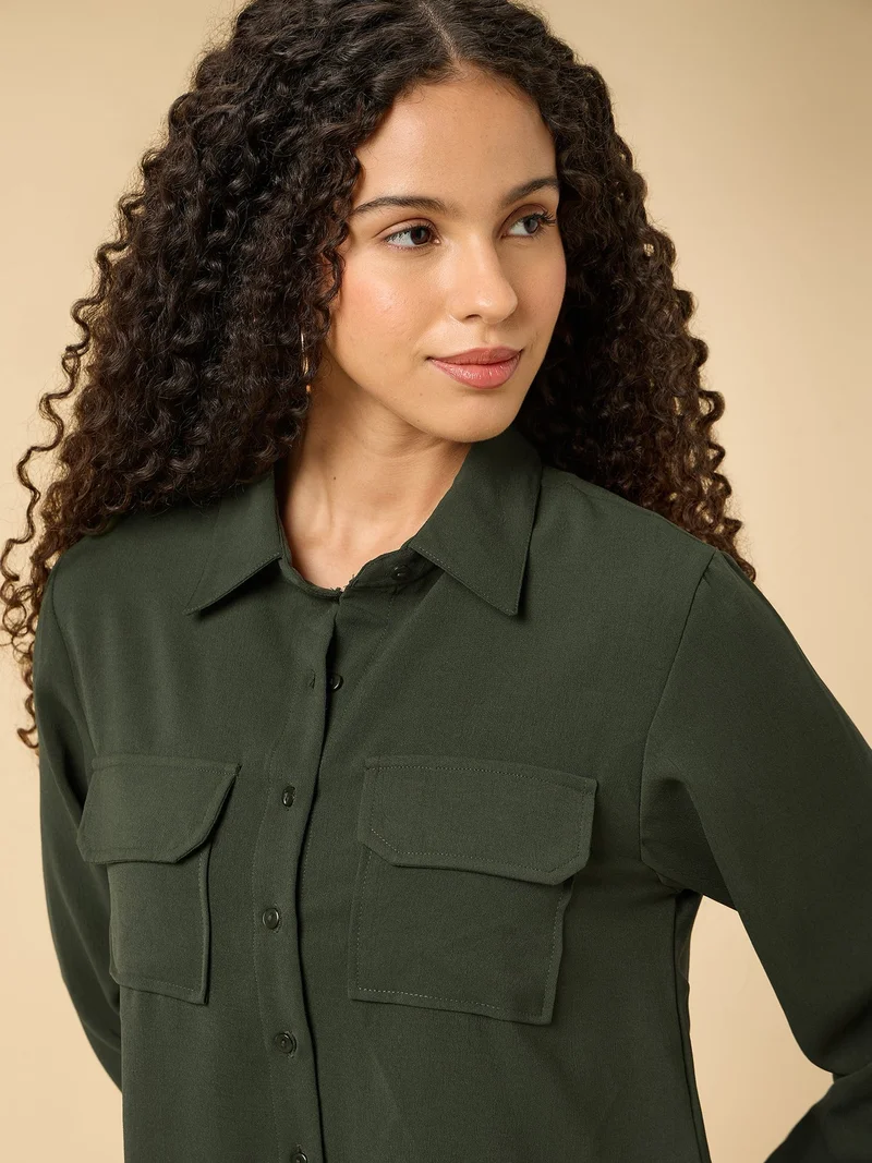 Outzidr  Green Relaxed Fit Shirt With Pocket Details for Women | Best Price UAE