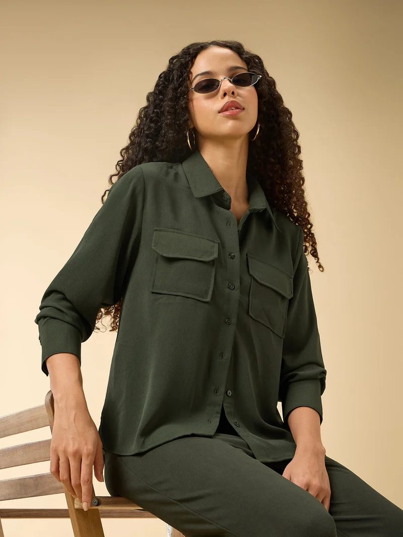 Outzidr  Green Relaxed Fit Shirt With Pocket Details for Women | Best Price UAE
